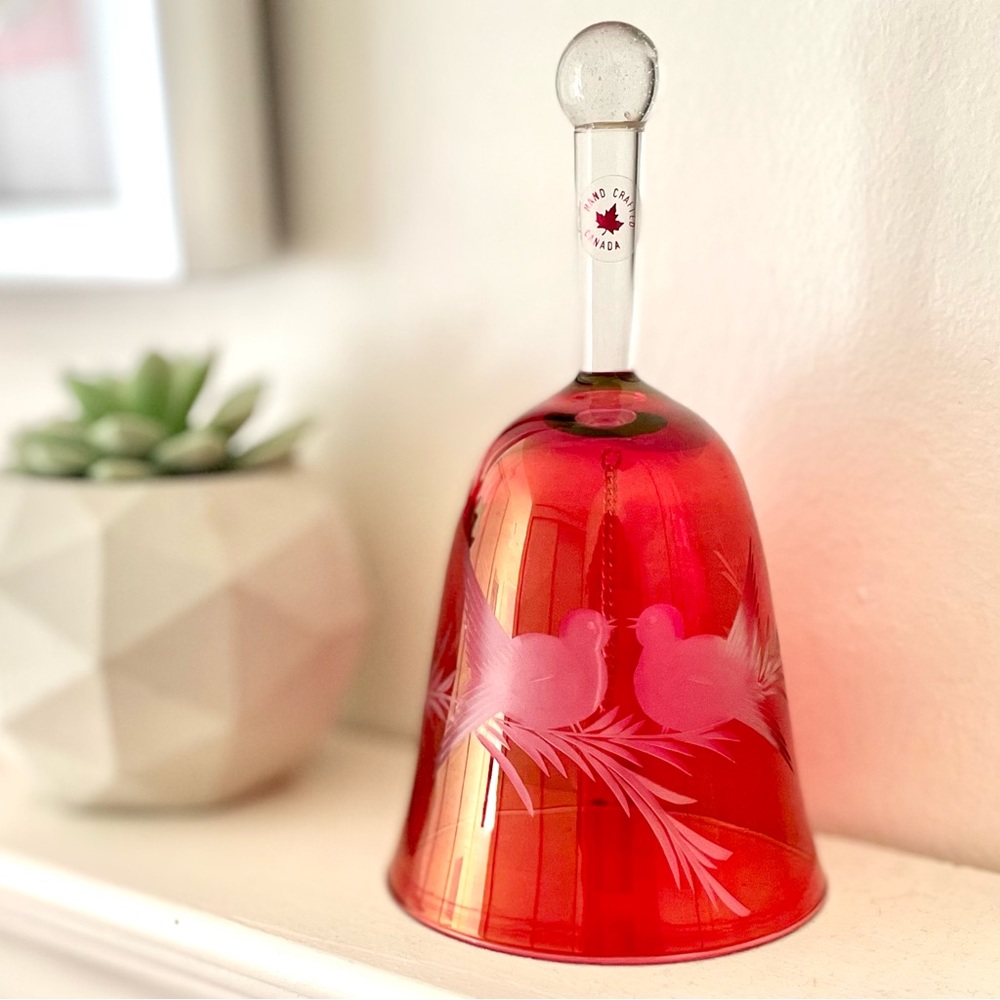 Vintage Ruby Cranberry Etched Crystal Glass Bell, Love Birds
